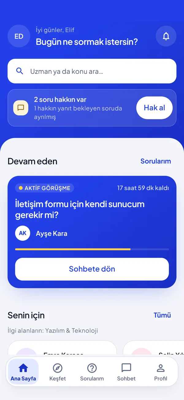Danışio ana sayfası: soru hakkı kartı, devam eden görüşme ve önerilen koçlar