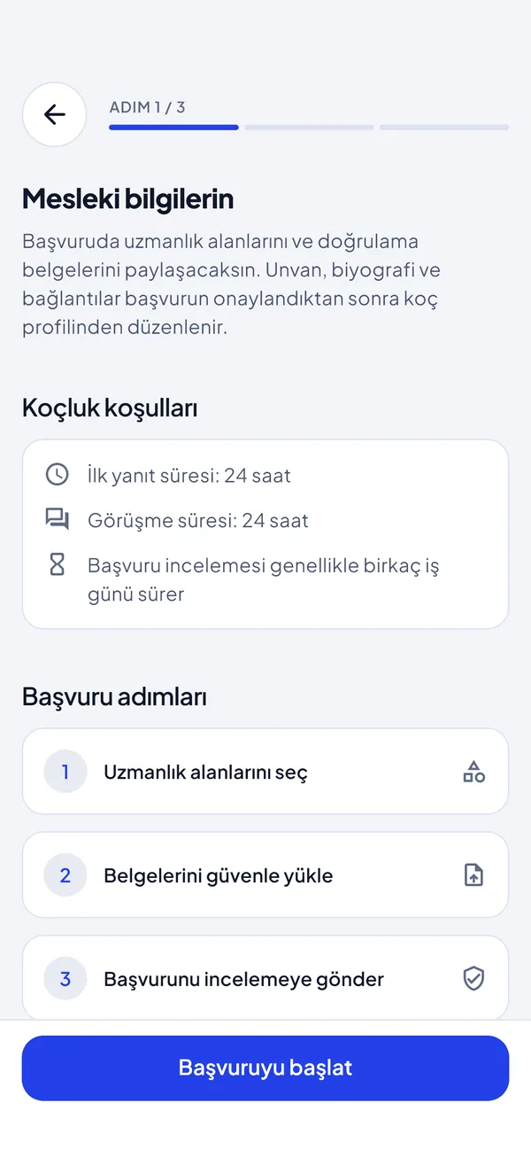 Koç başvurusu ekranı: koçluk koşulları ve başvuru adımları